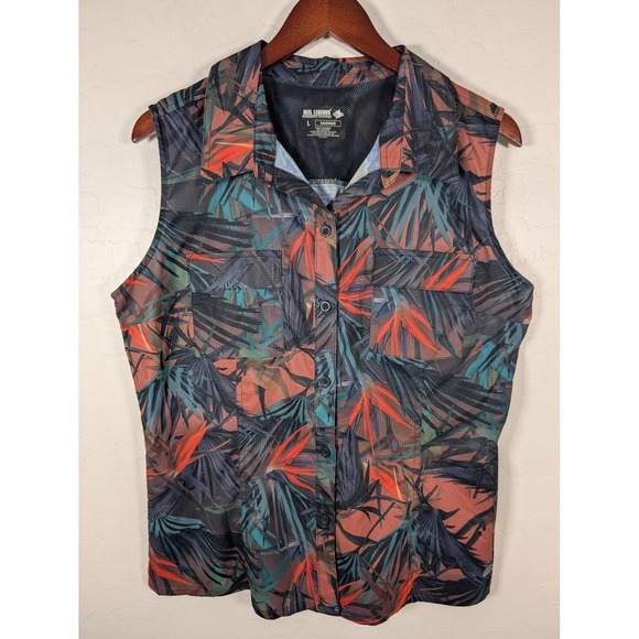 Reel Legends Shirt Womens Large Mariner Sleeveless Tropical Palm Print Button Up - Picture 1 of 10
